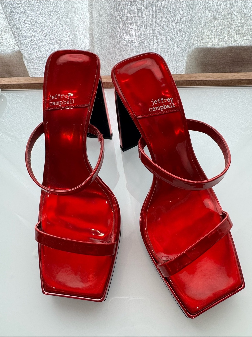 NWOT Jeffrey Campbell Glossy Red Square-Toe Double-Strap Heels - Picture 2 of 5
